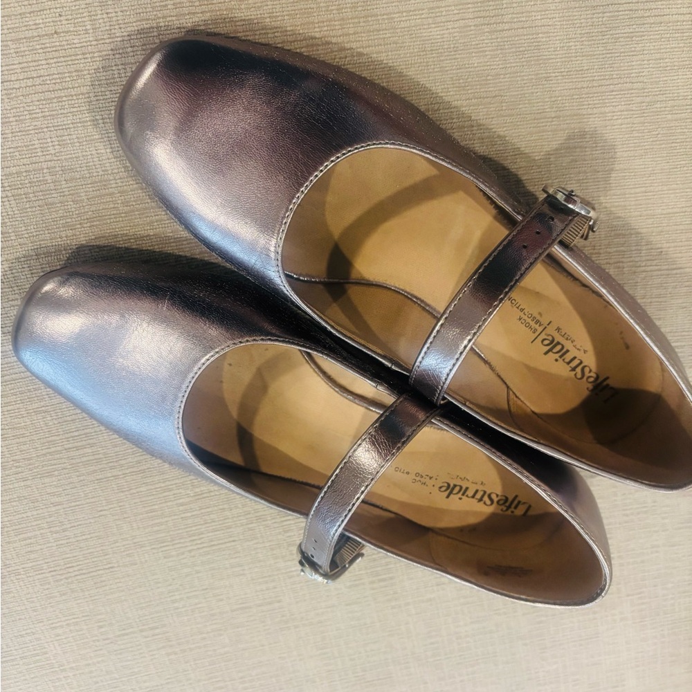Life Stride Metallic Pewter Mary Jane Flats with Buckle Strap